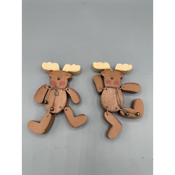 From the Heart Knotty Mooshan Jointed Wooden Moose Ornaments Set of 2 Vintage - Picture 1 of 3
